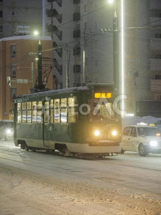 夜、雪の中走る札幌市電（北海道札幌市）