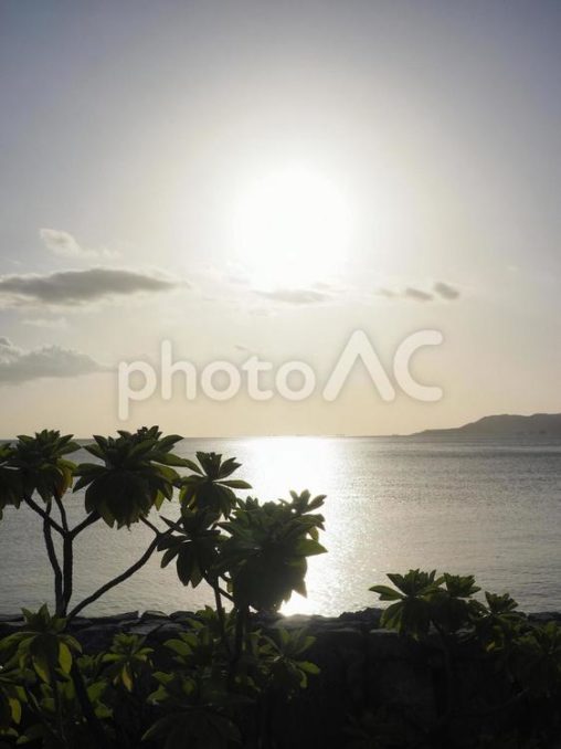 日暮れの太陽とシルエット（沖縄県名護市）