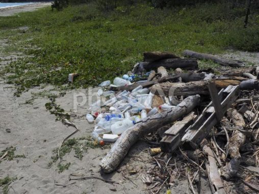 砂浜に集められたゴミ（沖縄県名護市）