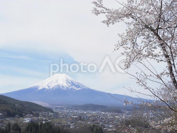 春の富士山と富士吉田市の街並み