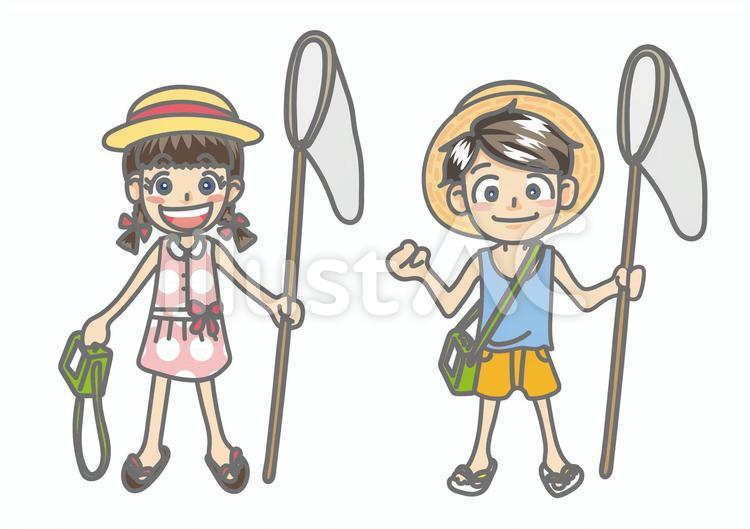 夏、虫取りの男の子と女の子