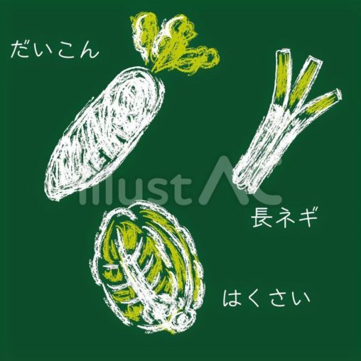 黒板に描いた野菜（鍋に使われる野菜）